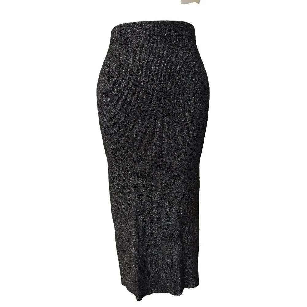 House of Harlow Midi Skirt M Medium Metallic Silver Black Pull On Slit Festive - Picture 3 of 8